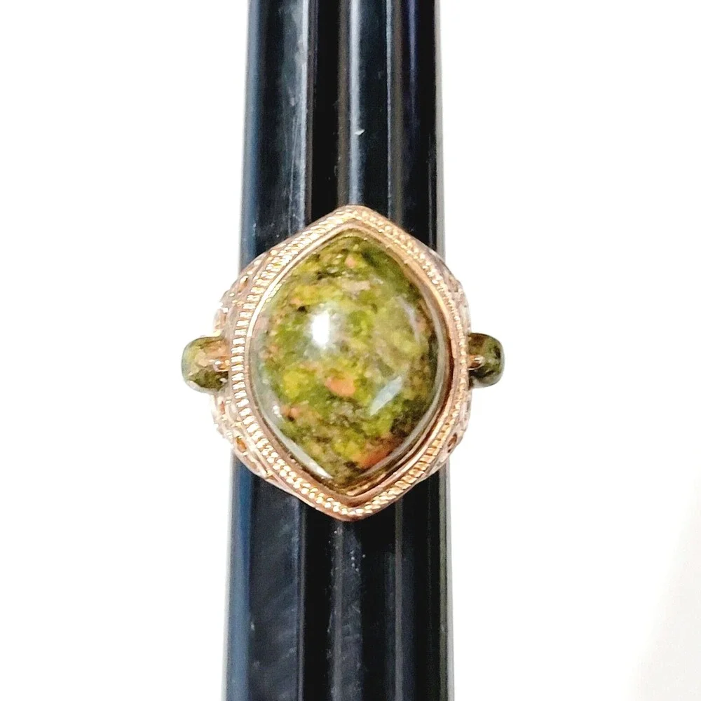 Vintage Rose Gold Green Agate Ornate Mogul Fashion Ring JZ China Size 8